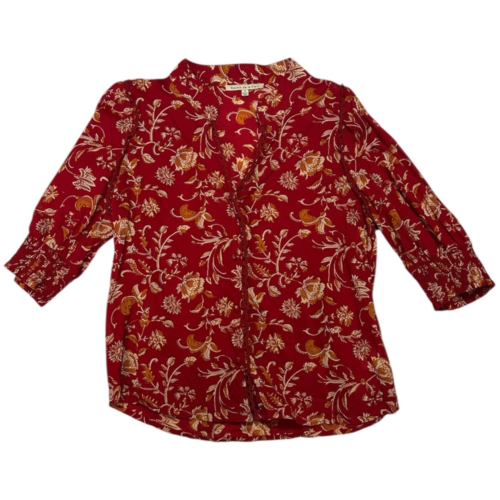 Saison de la Fleur Gwynedd Ruffled Red Floral Button Down Sz S Anthropologie